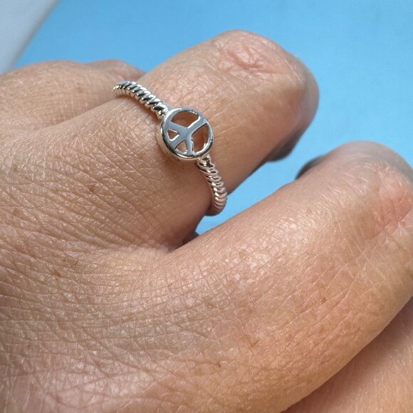 Sterling Silver 925 Peace Symbol Beaded Band Minimalist Stackable Ring Size 9 - Picture 6 of 8